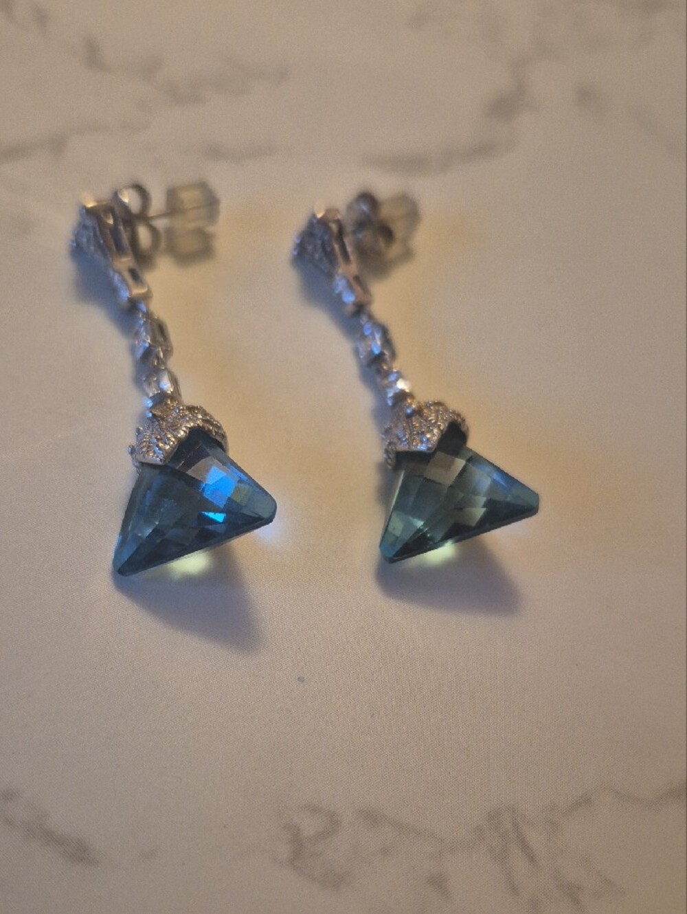 Vintage Swarovski Sterling Drop Earrings with Blue Topaz Triangle Dangles - Picture 2 of 3